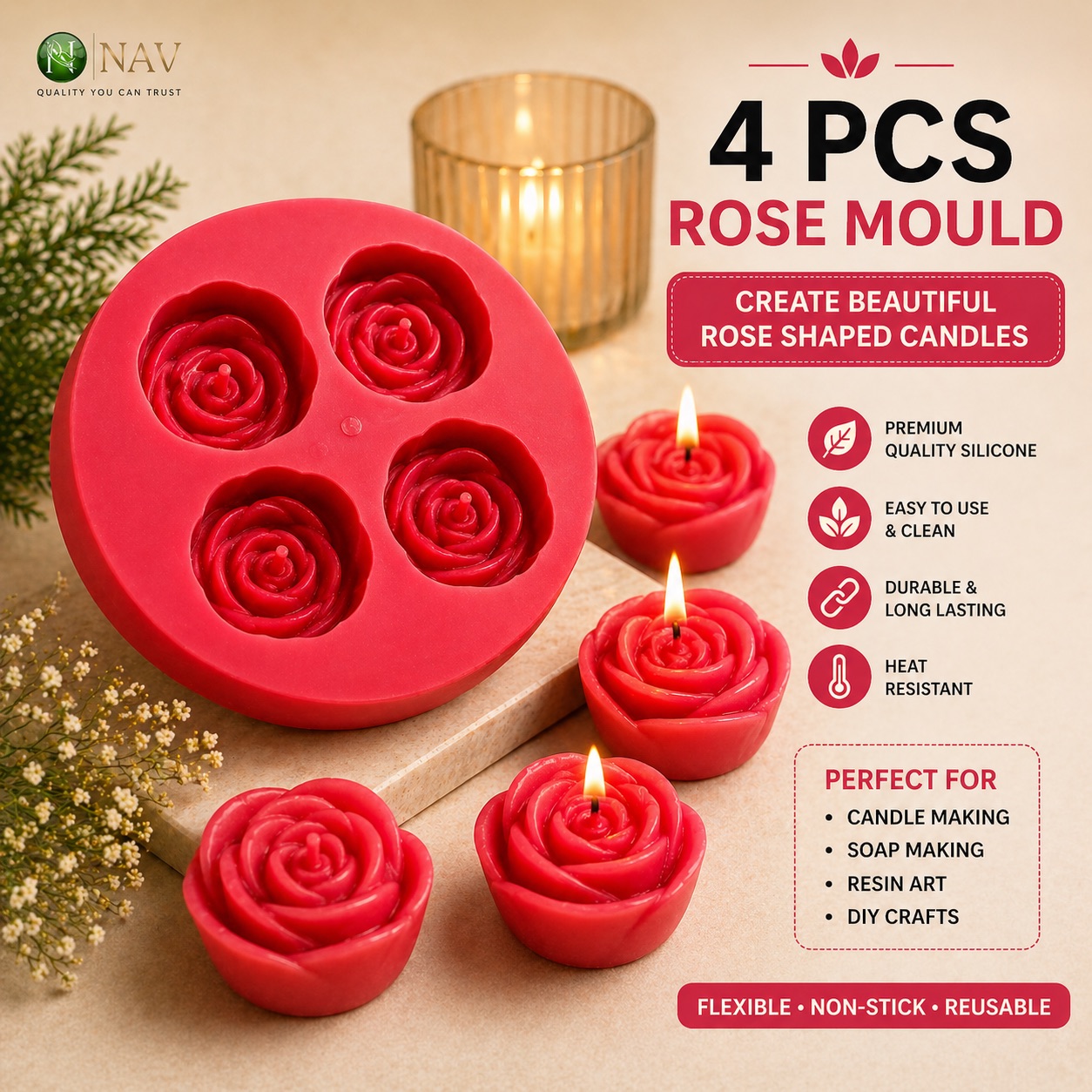 4 Pcs Rose Silicone Mould for Candle Making | Navdecorz