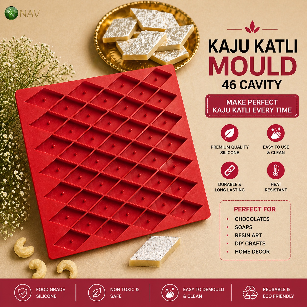 Kaju Katli Silicone Mould 46 Cavity | Navdecorz