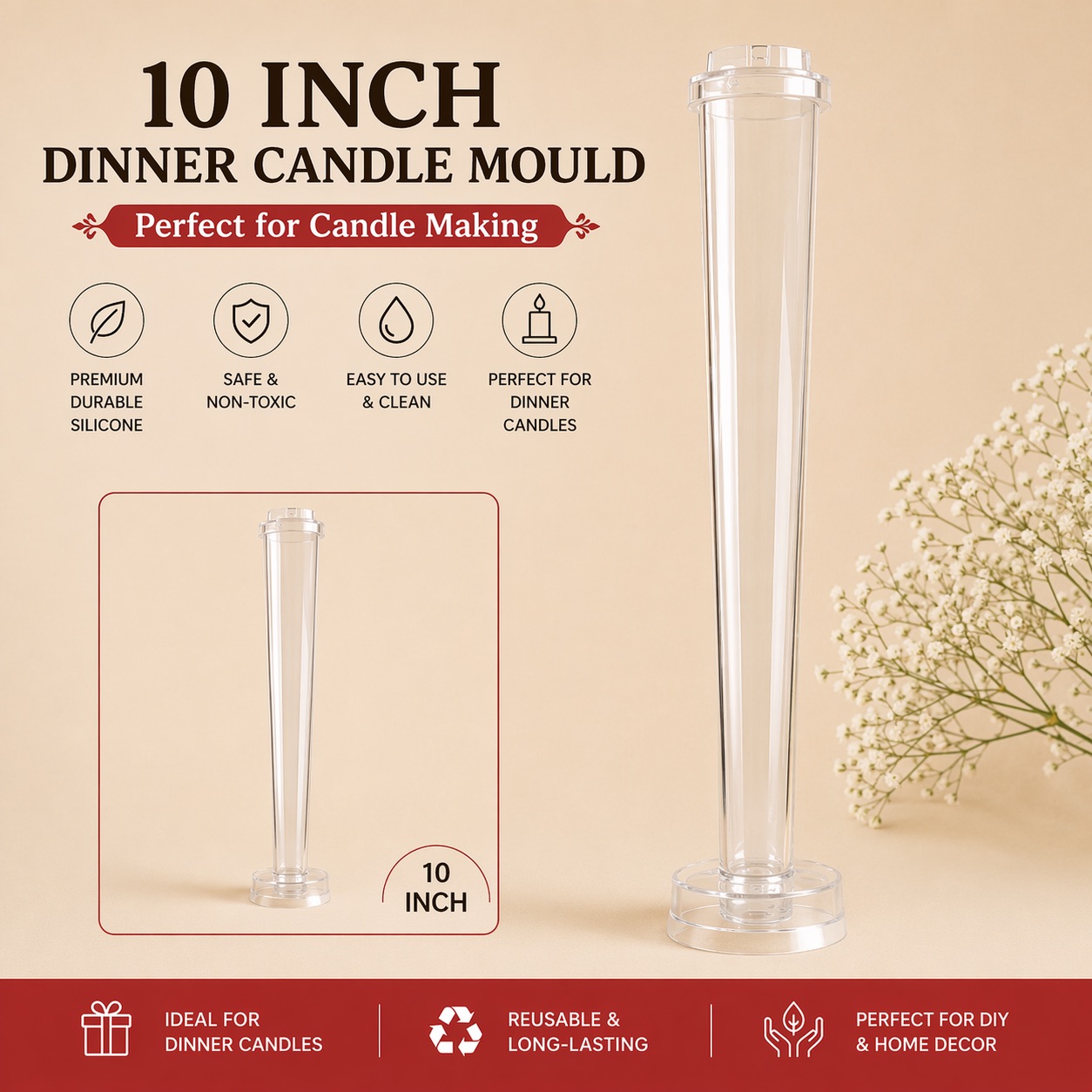 10 Inch Dinner Candle Polycarbonate Mould for Candle Making | Navdecorz