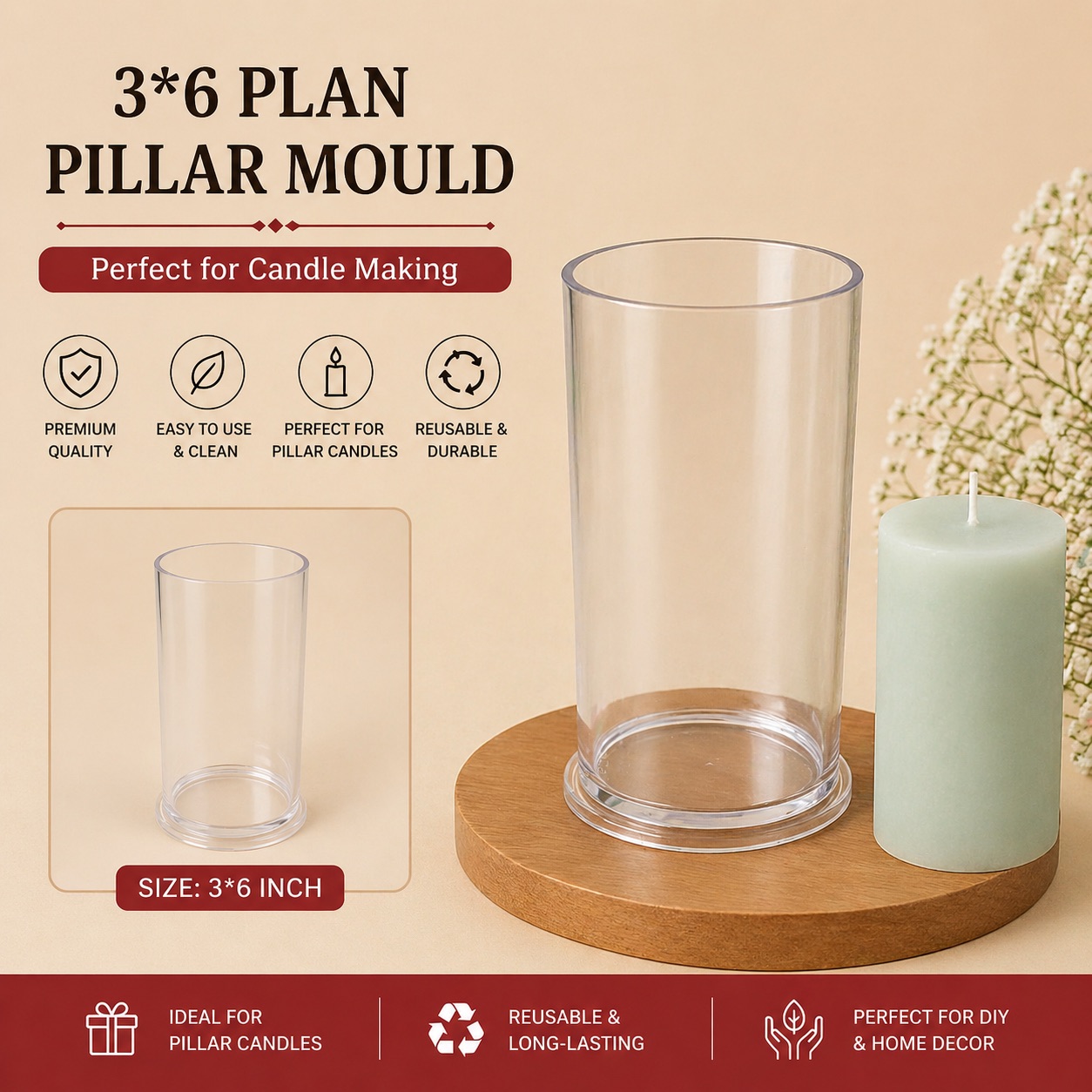 3×6 Plain Pillar Polycarbonate Candle Mould for Candle Making | Navdecorz