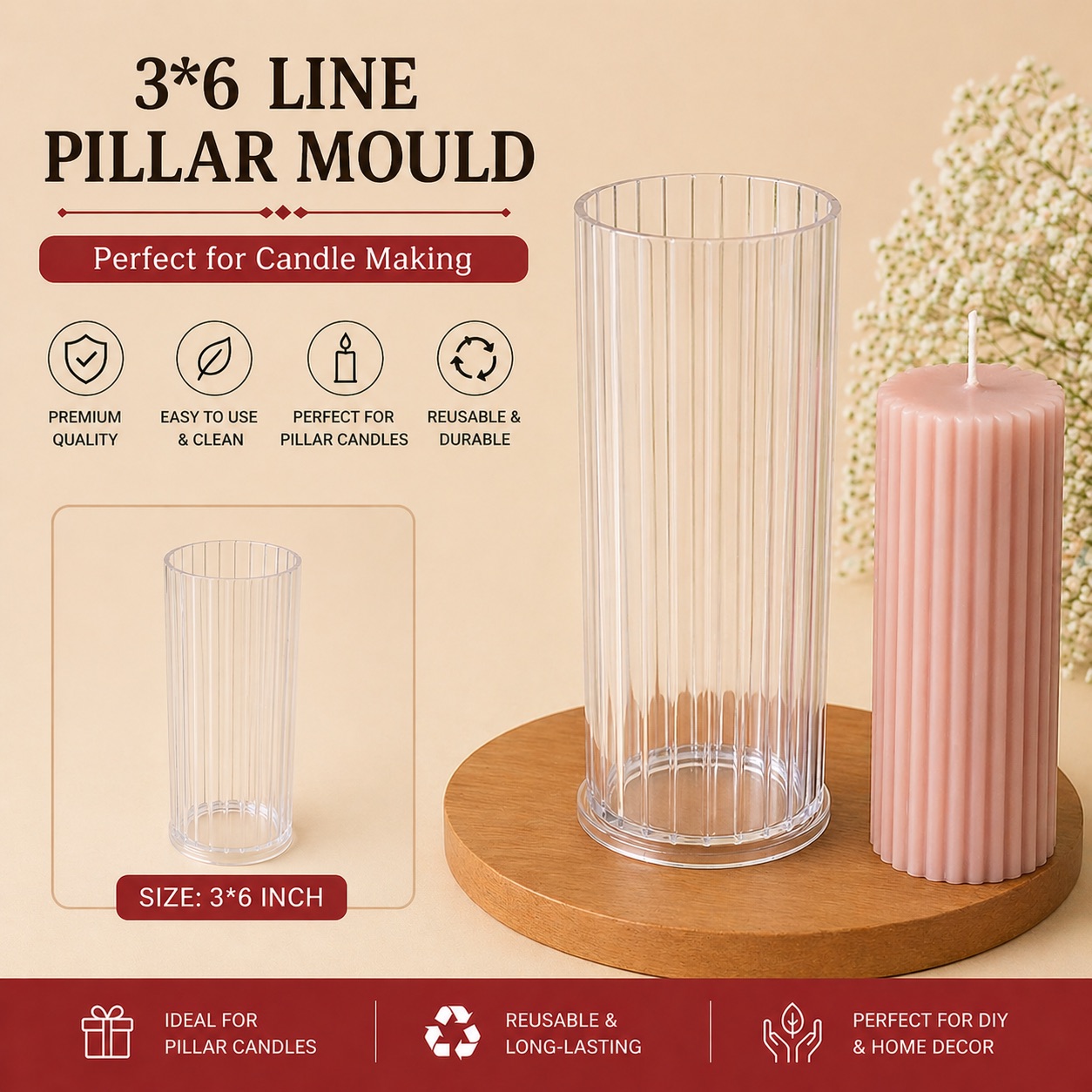 3×6 Line Pillar Polycarbonate Candle Mould for Candle Making | Navdecorz