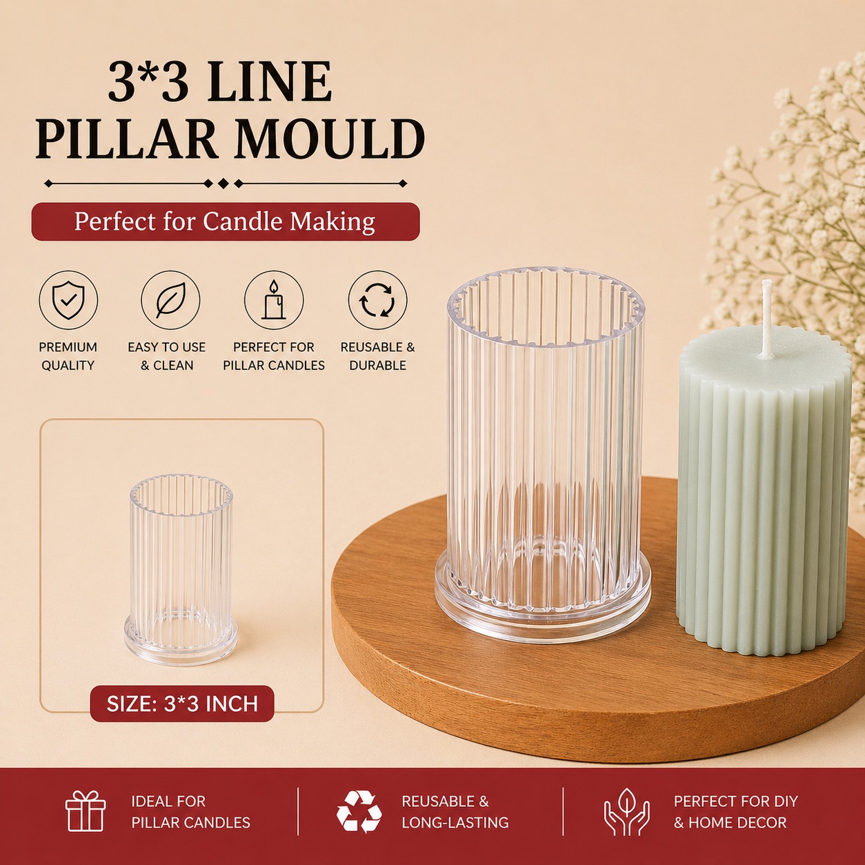 3×3 Line Pillar Polycarbonate Candle Mould for Candle Making | Navdecorz