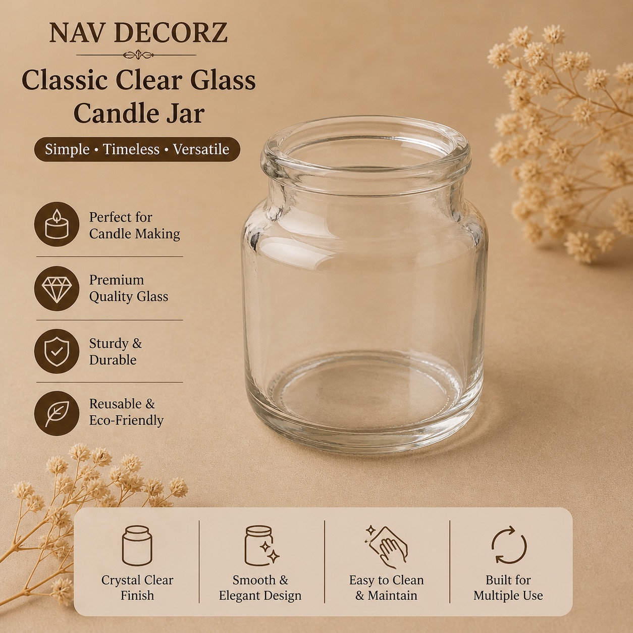 Premium Clear Glass Candle Jar (Straight Wall Utility Jar) | NavDecorz